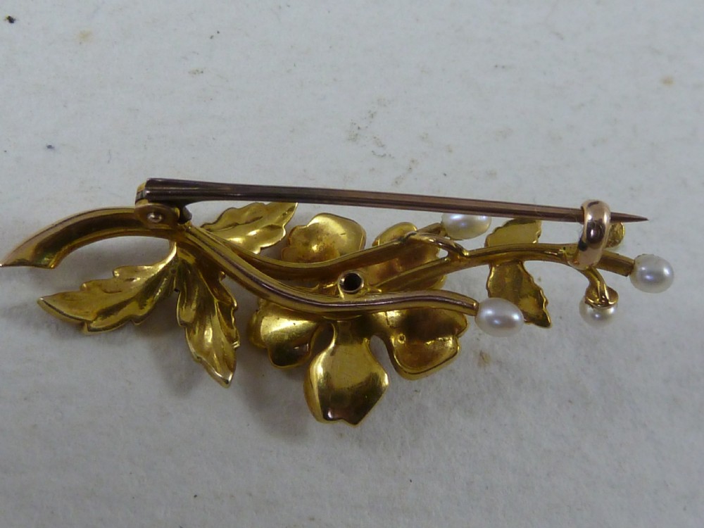 Victorian 15K Gold Brooch Diamond Split Pearls Boxed  View V