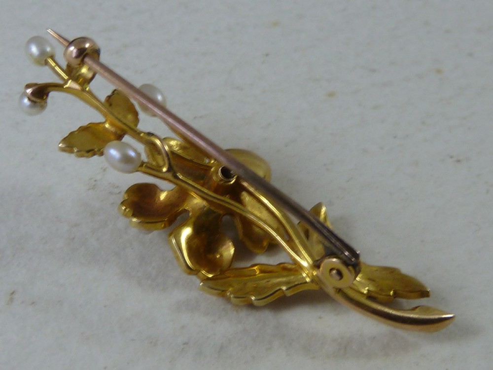 Victorian 15K Gold Brooch Diamond Split Pearls Boxed  View VII