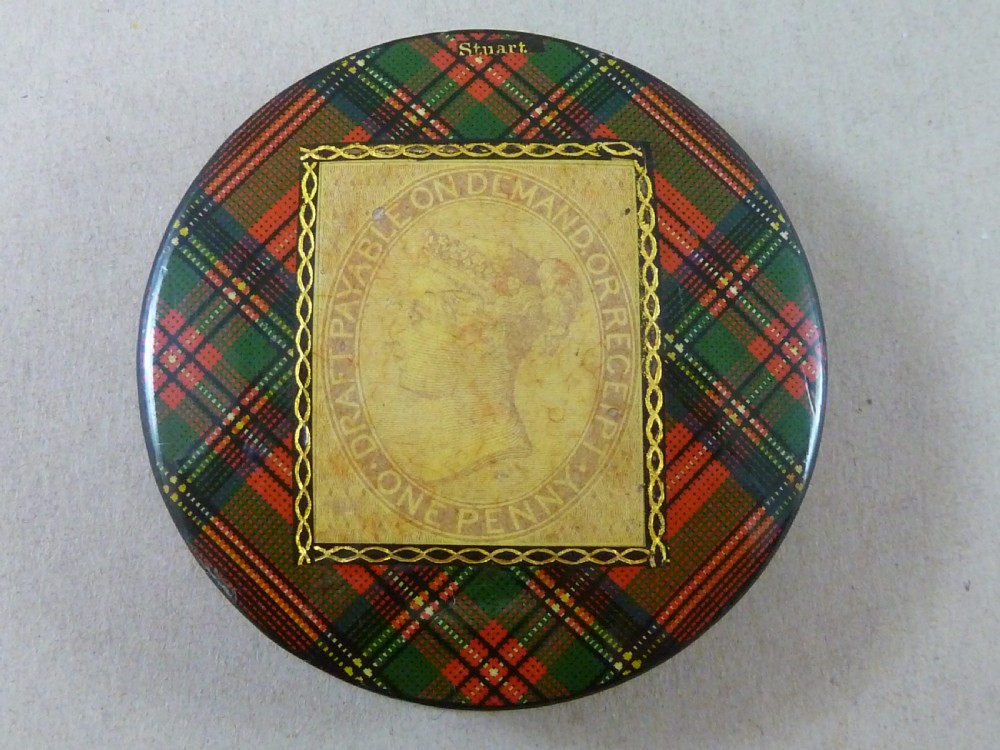 Large Victorian Stuart TartanWare Postage One Penny Lilac Draft Revenue Case Box Holder Scottish View III