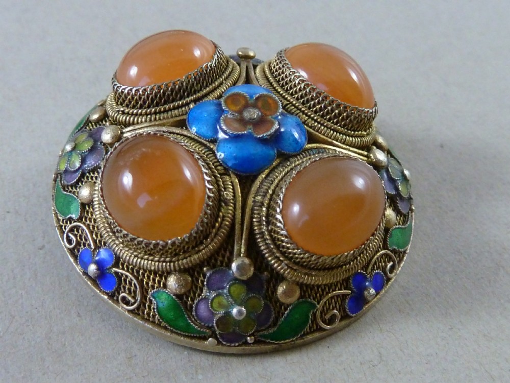 Chinese Silver Gilt Filigree Enamel Cabochon Carnelian Bracelet Brooch Earrings Demi Parure View II
