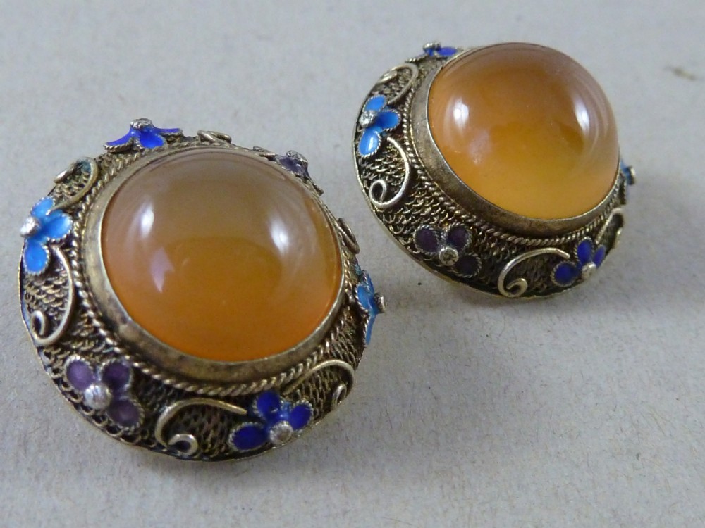 Chinese Silver Gilt Filigree Enamel Cabochon Carnelian Bracelet Brooch Earrings Demi Parure View III