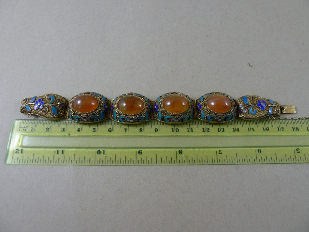 Chinese Silver Gilt Filigree Enamel Cabochon Carnelian Bracelet Brooch Earrings Demi Parure View VI