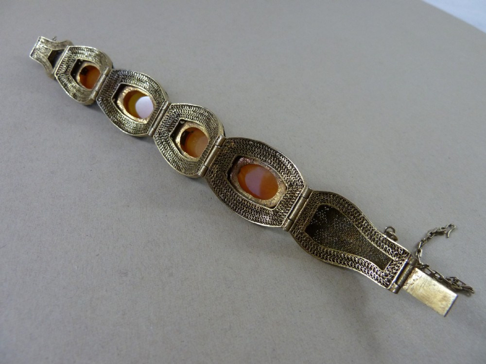 Chinese Silver Gilt Filigree Enamel Cabochon Carnelian Bracelet Brooch Earrings Demi Parure View VII