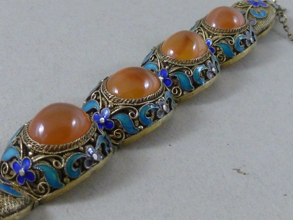 Chinese Silver Gilt Filigree Enamel Cabochon Carnelian Bracelet Brooch Earrings Demi Parure View VIII