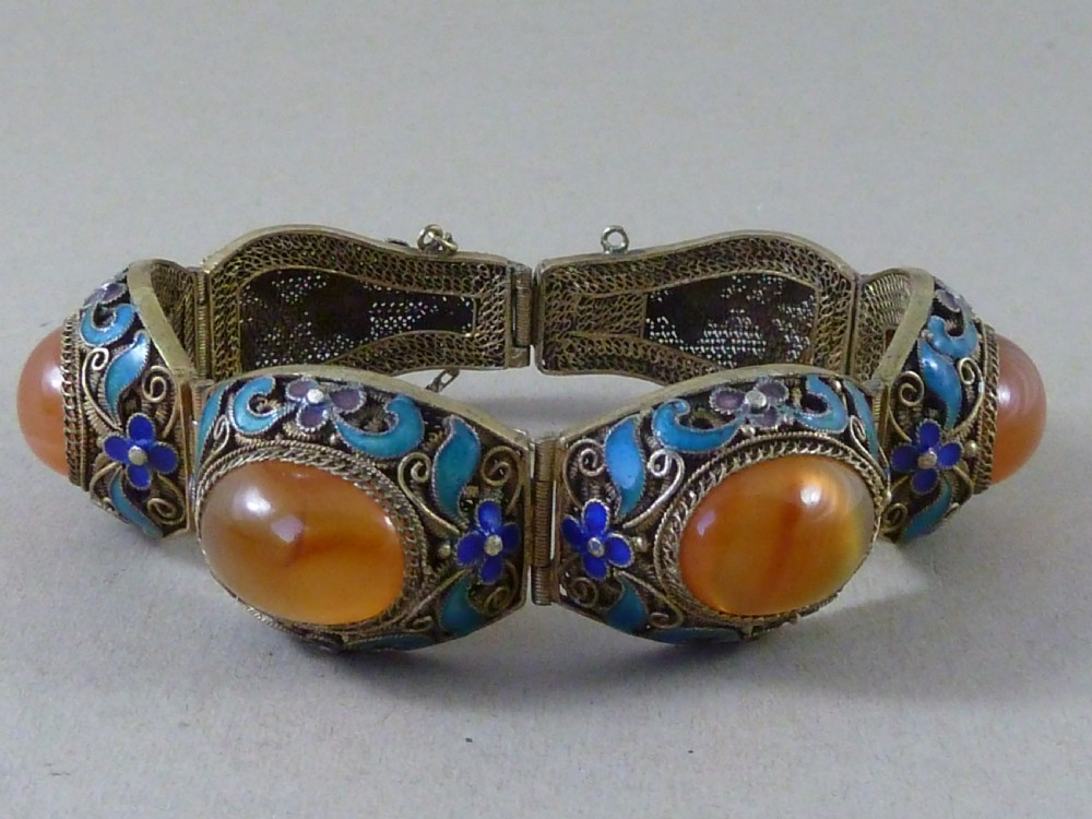 Chinese Silver Gilt Filigree Enamel Cabochon Carnelian Bracelet Brooch Earrings Demi Parure View IX
