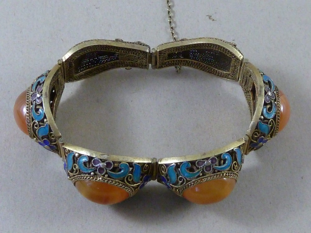 Chinese Silver Gilt Filigree Enamel Cabochon Carnelian Bracelet Brooch Earrings Demi Parure View X