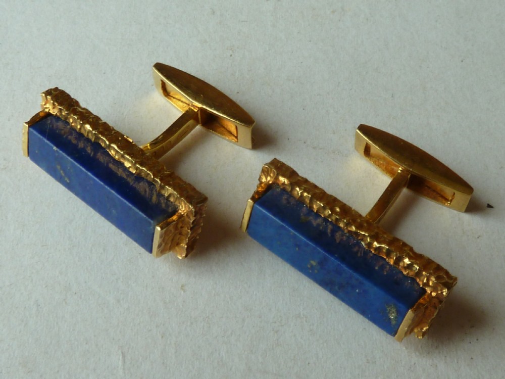 Solid 18 Carat Gold Lapis Lazuli Cuff links Boxed Mid Century Bark Vintage Cufflinks