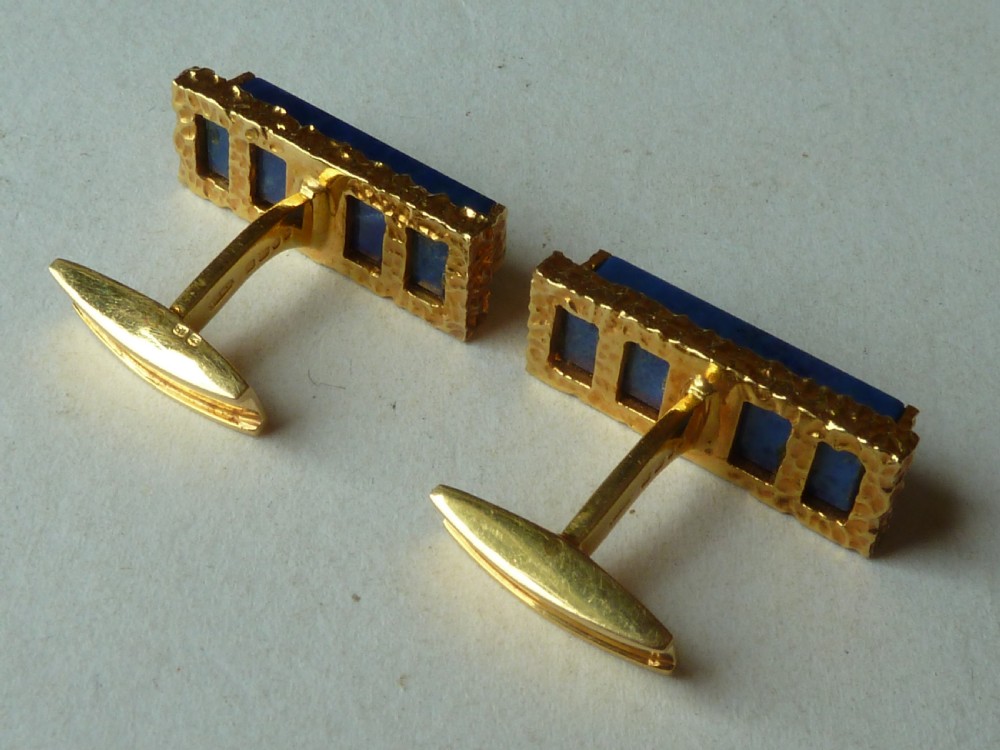 Solid 18 Carat Gold Lapis Lazuli Cuff links Boxed Mid Century Bark Vintage Cufflinks View V