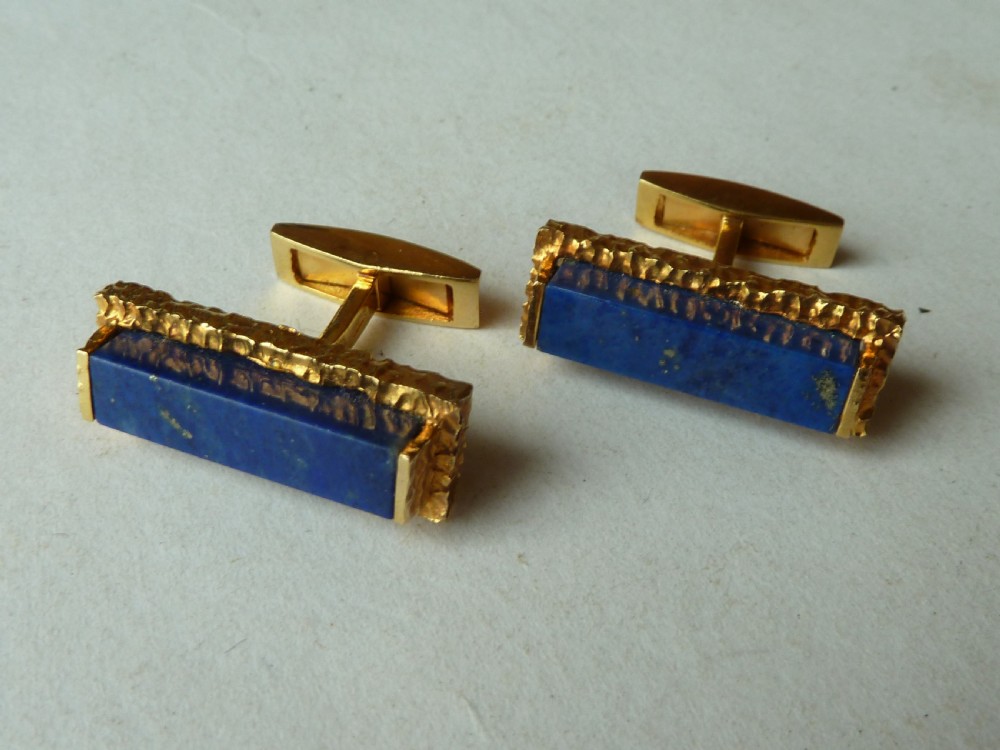 Solid 18 Carat Gold Lapis Lazuli Cuff links Boxed Mid Century Bark Vintage Cufflinks View VI