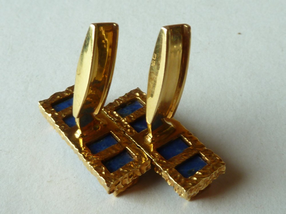 Solid 18 Carat Gold Lapis Lazuli Cuff links Boxed Mid Century Bark Vintage Cufflinks View VIII