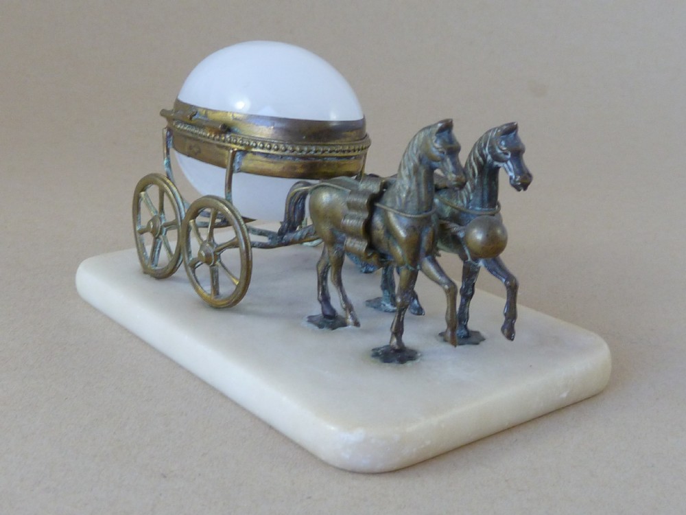 A French Palais Royal style miniature horse-drawn carriage featuring a white opaline glass egg-shaped casket mounted on a gilt metal frame and alabaster base. View III