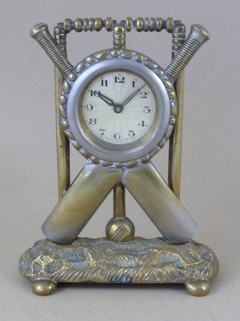 Clock Cricket Novelty Bat Ball Wicket Brass Nickel Plated Antique Cricketiana