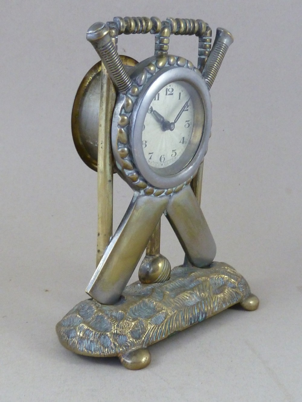 Clock Cricket Novelty Bat Ball Wicket Brass Nickel Plated Antique Cricketiana View III
