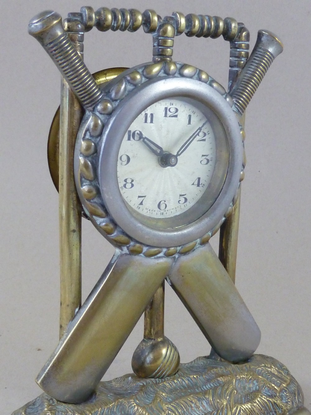 Clock Cricket Novelty Bat Ball Wicket Brass Nickel Plated Antique Cricketiana View IX