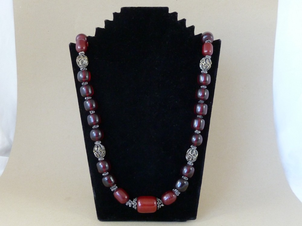 124 Grams Bakelite Faux Cherry Red Amber Cloudy Bead Filigree Necklace