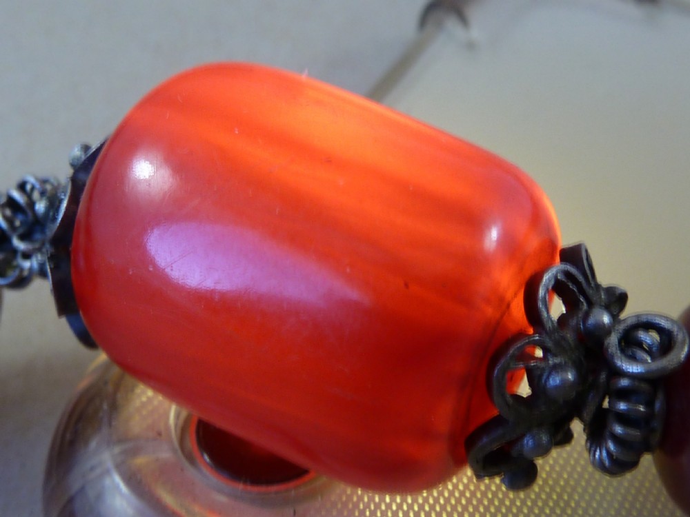 124 Grams Bakelite Faux Cherry Red Amber Cloudy Bead Filigree Necklace View II