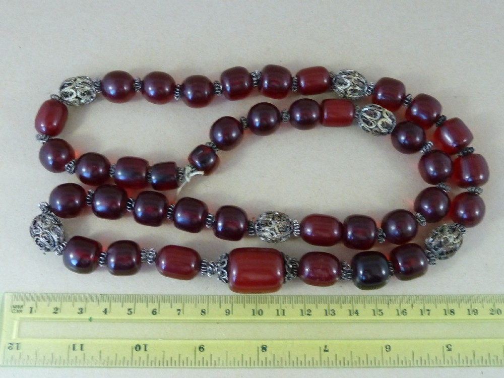 124 Grams Bakelite Faux Cherry Red Amber Cloudy Bead Filigree Necklace View III