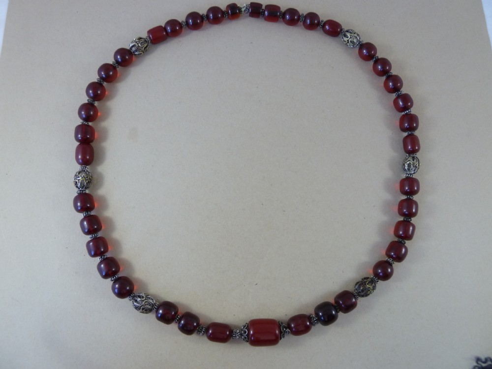 124 Grams Bakelite Faux Cherry Red Amber Cloudy Bead Filigree Necklace View IV