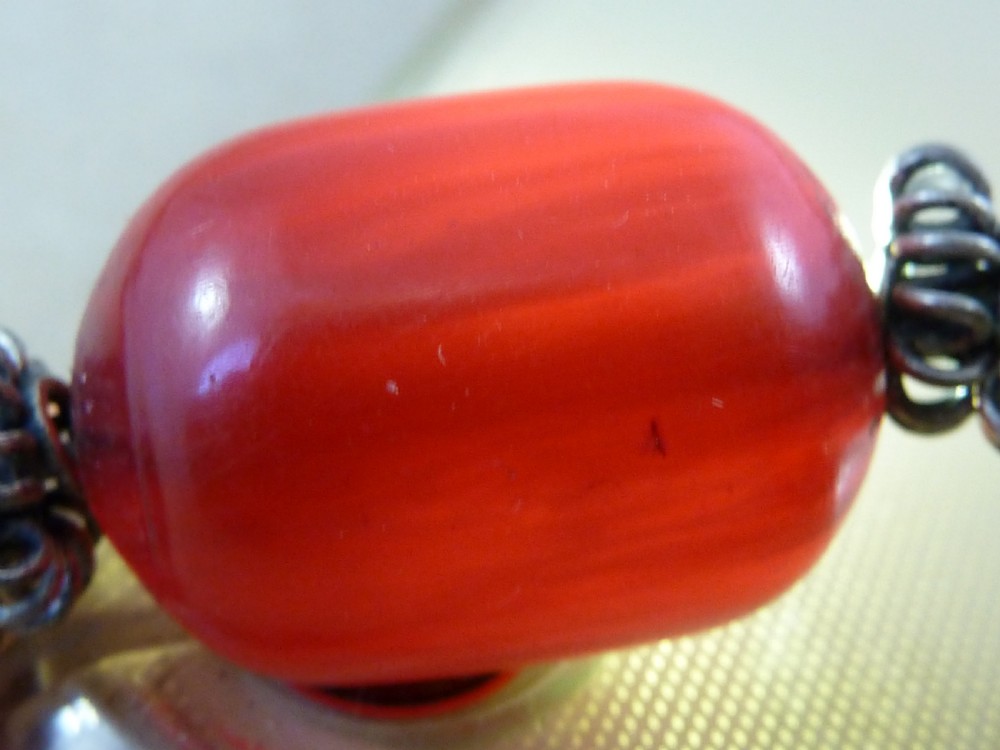124 Grams Bakelite Faux Cherry Red Amber Cloudy Bead Filigree Necklace View VI