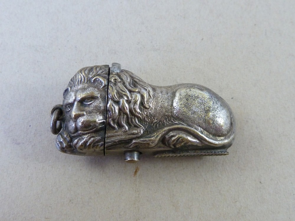 Recumbent Lion Vesta Case Silver Plated Brass Match Box Novelty Watch Chain Fob