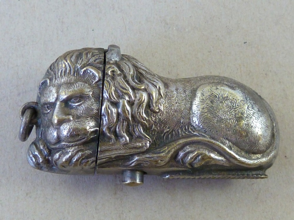 Recumbent Lion Vesta Case Silver Plated Brass Match Box Novelty Watch Chain Fob View II