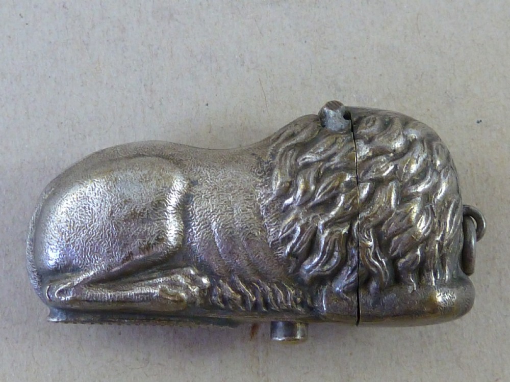 Recumbent Lion Vesta Case Silver Plated Brass Match Box Novelty Watch Chain Fob View III