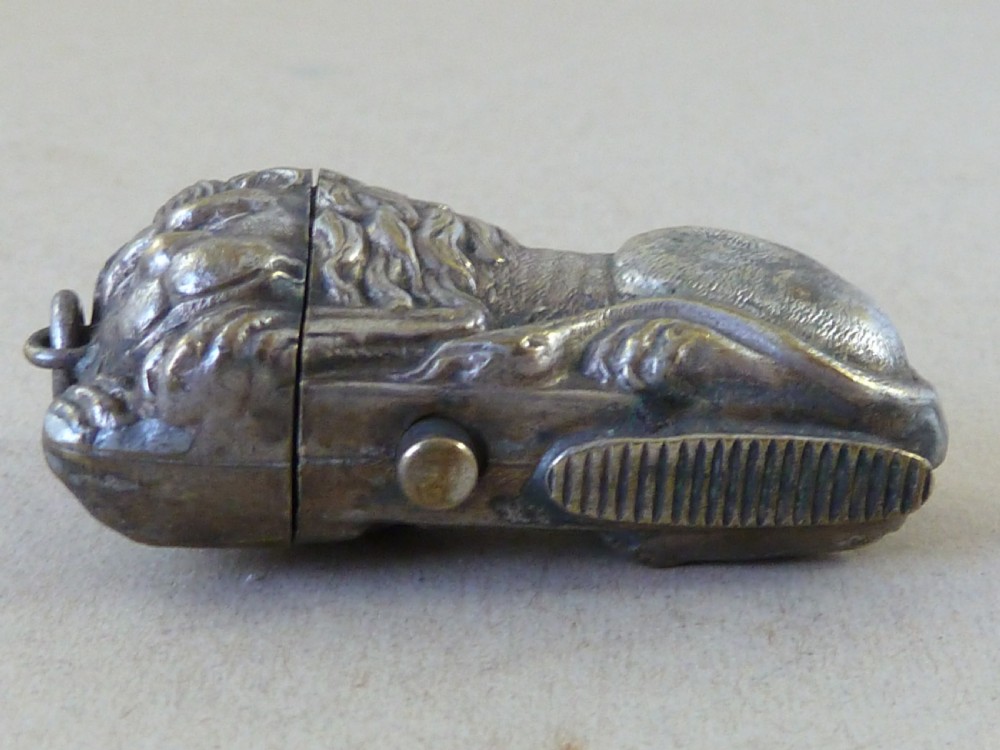 Recumbent Lion Vesta Case Silver Plated Brass Match Box Novelty Watch Chain Fob View IV