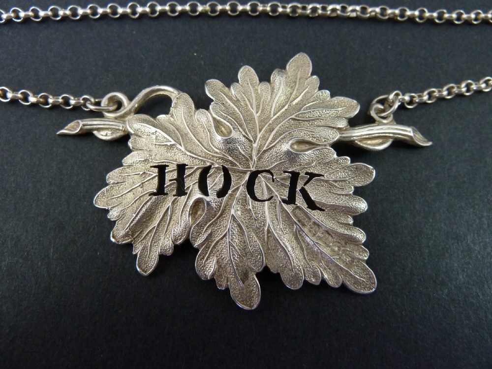 1845 Hock English Birmingham Hallmarked Solid Silver Decanter Bottle Wine Label Vine Leaf
