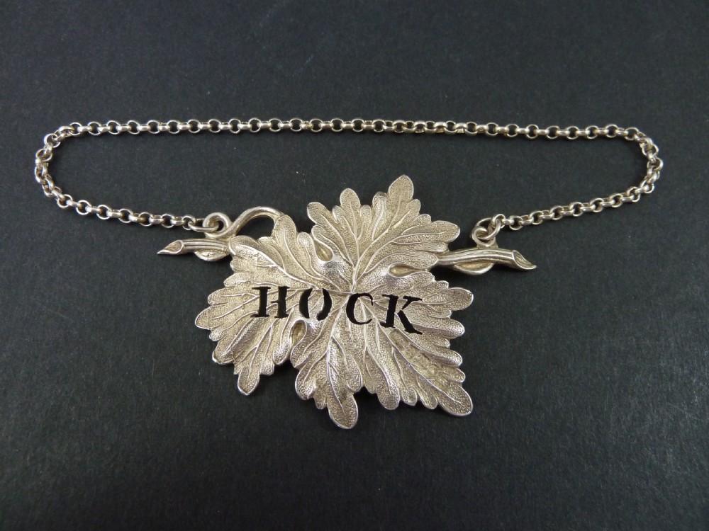 1845 Hock English Birmingham Hallmarked Solid Silver Decanter Bottle Wine Label Vine Leaf View II