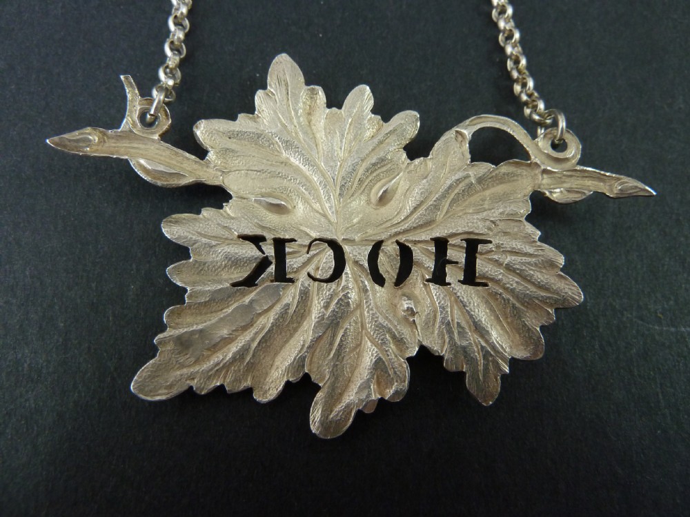 1845 Hock English Birmingham Hallmarked Solid Silver Decanter Bottle Wine Label Vine Leaf View IV
