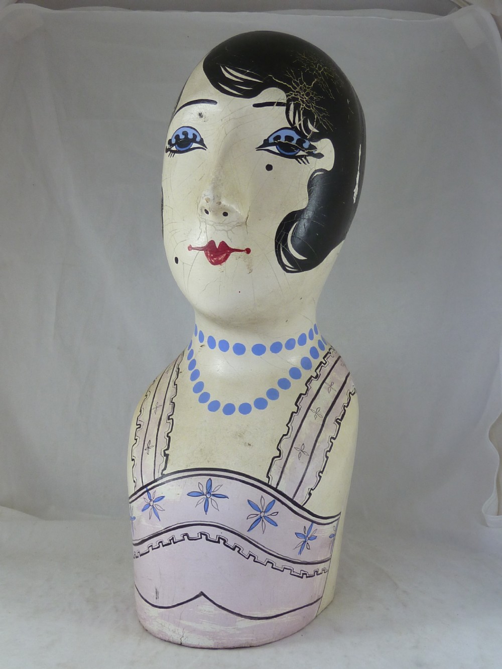 Vintage French Milliner's Head Hat Display Stand Marotte Ladies Painted 1930s Art Deco Womans