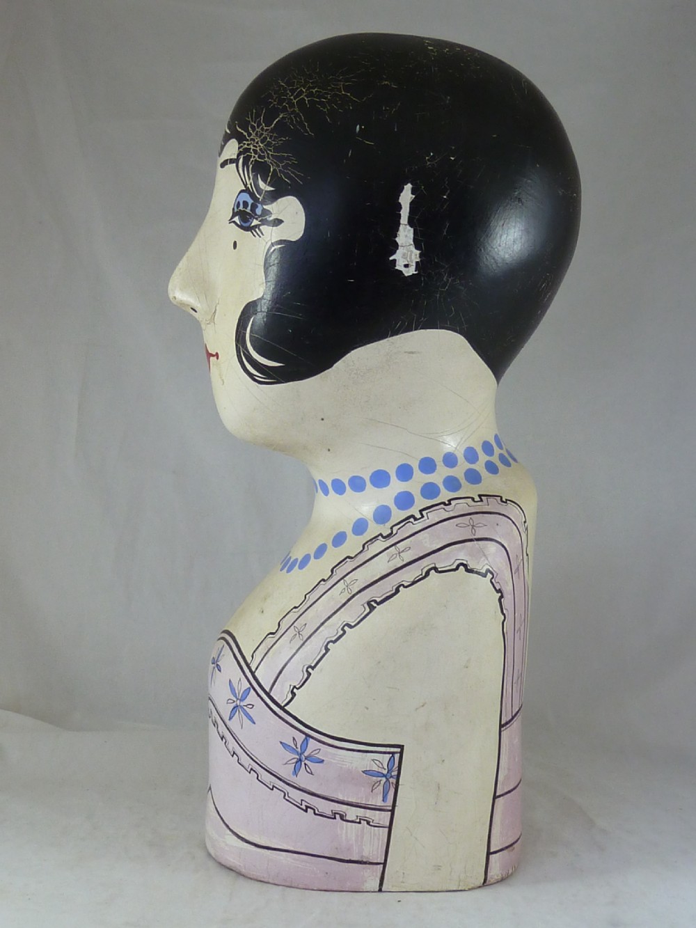 Vintage French Milliner's Head Hat Display Stand Marotte Ladies Painted 1930s Art Deco Womans View III