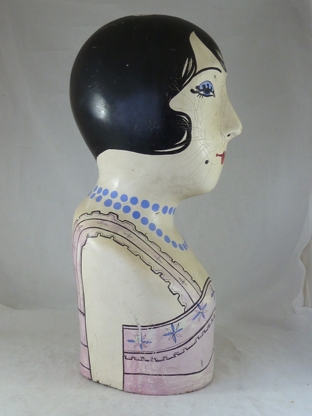 Vintage French Milliner's Head Hat Display Stand Marotte Ladies Painted 1930s Art Deco Womans View V