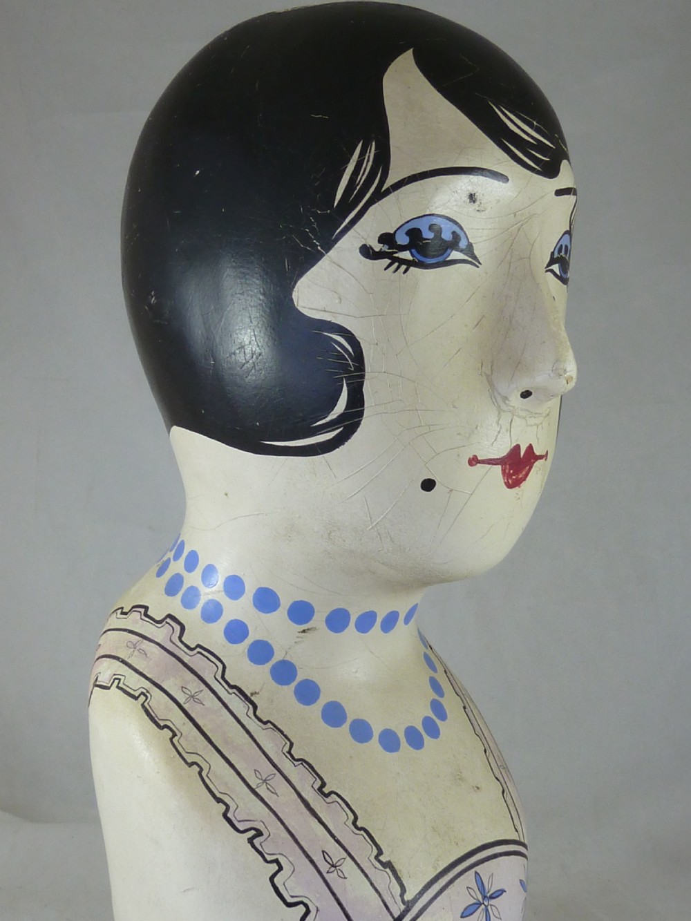 Vintage French Milliner's Head Hat Display Stand Marotte Ladies Painted 1930s Art Deco Womans View VI