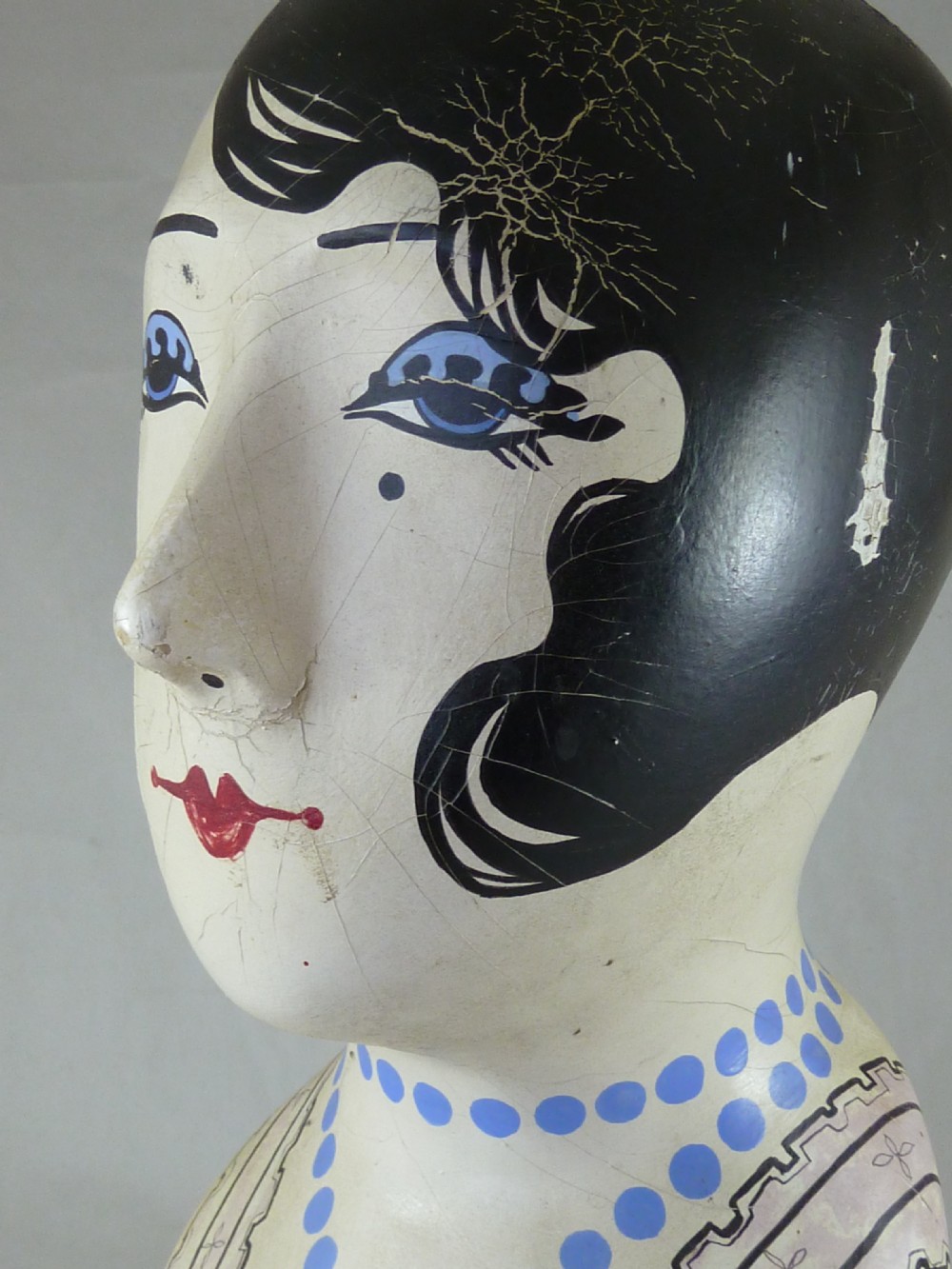 Vintage French Milliner's Head Hat Display Stand Marotte Ladies Painted 1930s Art Deco Womans View VII