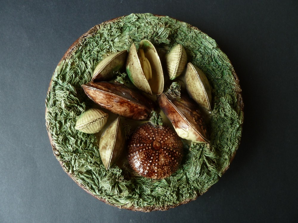 Palissy Ware Round Wall Plate Mafra Caldao Portugal Shell Fish Clam Mussel Sea-Urchins Cockle Dish 