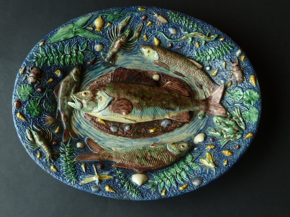 Large Palissy Ware French Oval Platter Fish Lobster Lizard Barbizet Dish