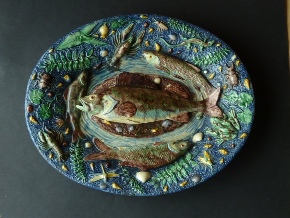 Large Palissy Ware French Oval Platter Fish Lobster Lizard Barbizet Dish View II