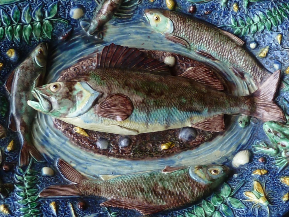 Large Palissy Ware French Oval Platter Fish Lobster Lizard Barbizet Dish View III