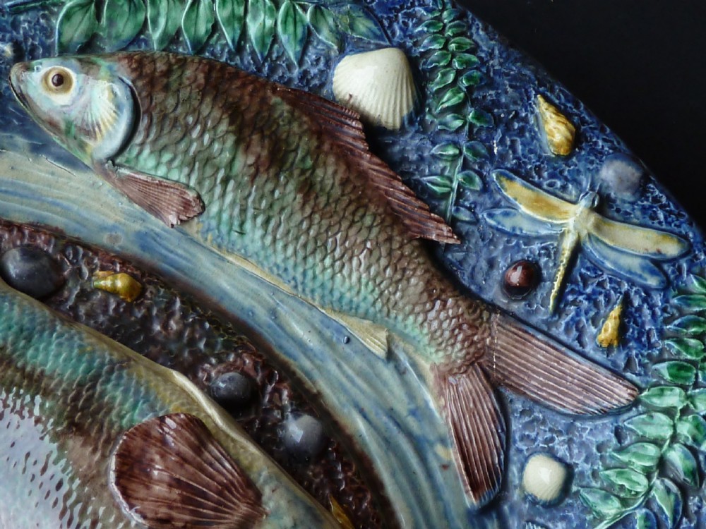 Large Palissy Ware French Oval Platter Fish Lobster Lizard Barbizet Dish View IV