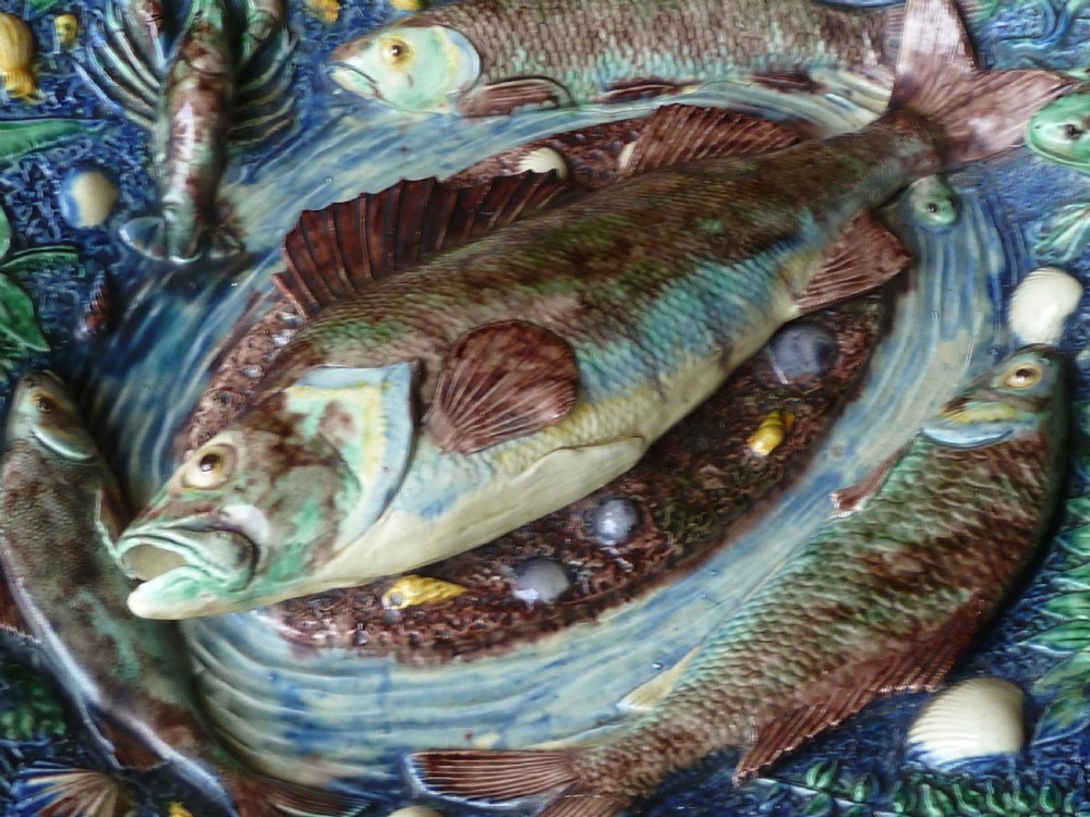 Large Palissy Ware French Oval Platter Fish Lobster Lizard Barbizet Dish View V