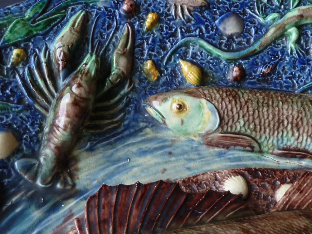 Large Palissy Ware French Oval Platter Fish Lobster Lizard Barbizet Dish View VI