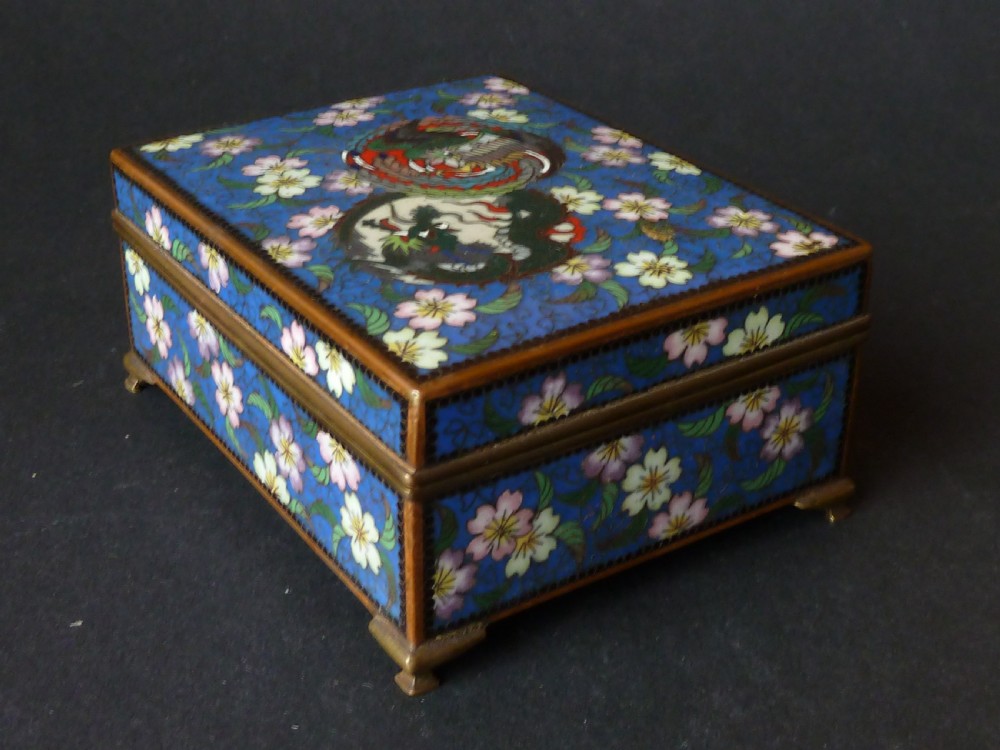 Marked Inaba Company Japanese Cloisonne Enamel Box Phoenix Dragon Gilt Brass Signed  View V