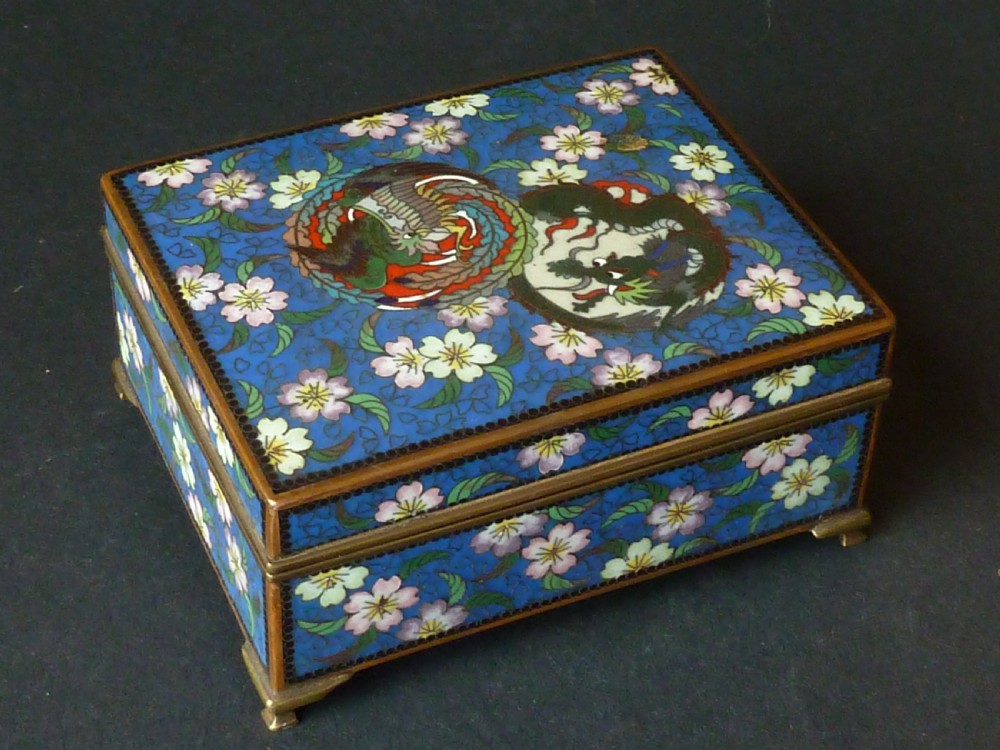 Marked Inaba Company Japanese Cloisonne Enamel Box Phoenix Dragon Gilt Brass Signed  View IX