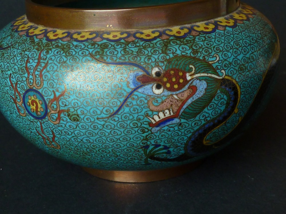 Chinese Cloisonne Enamel Imperial Dragon Bowl Flaming Pearl  View II