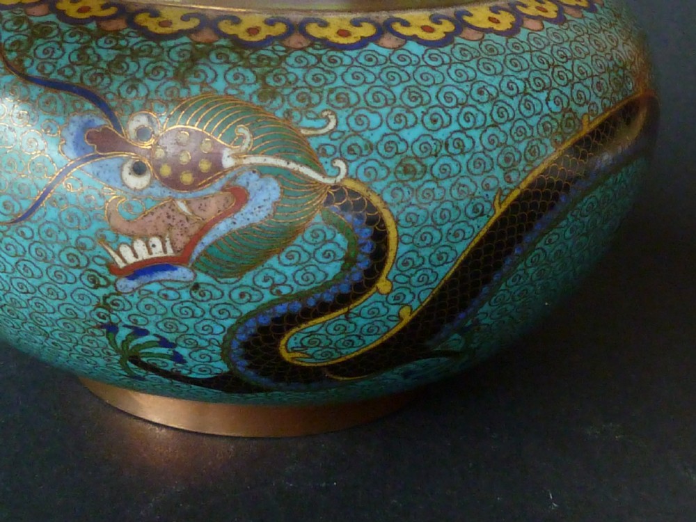 Chinese Cloisonne Enamel Imperial Dragon Bowl Flaming Pearl  View III