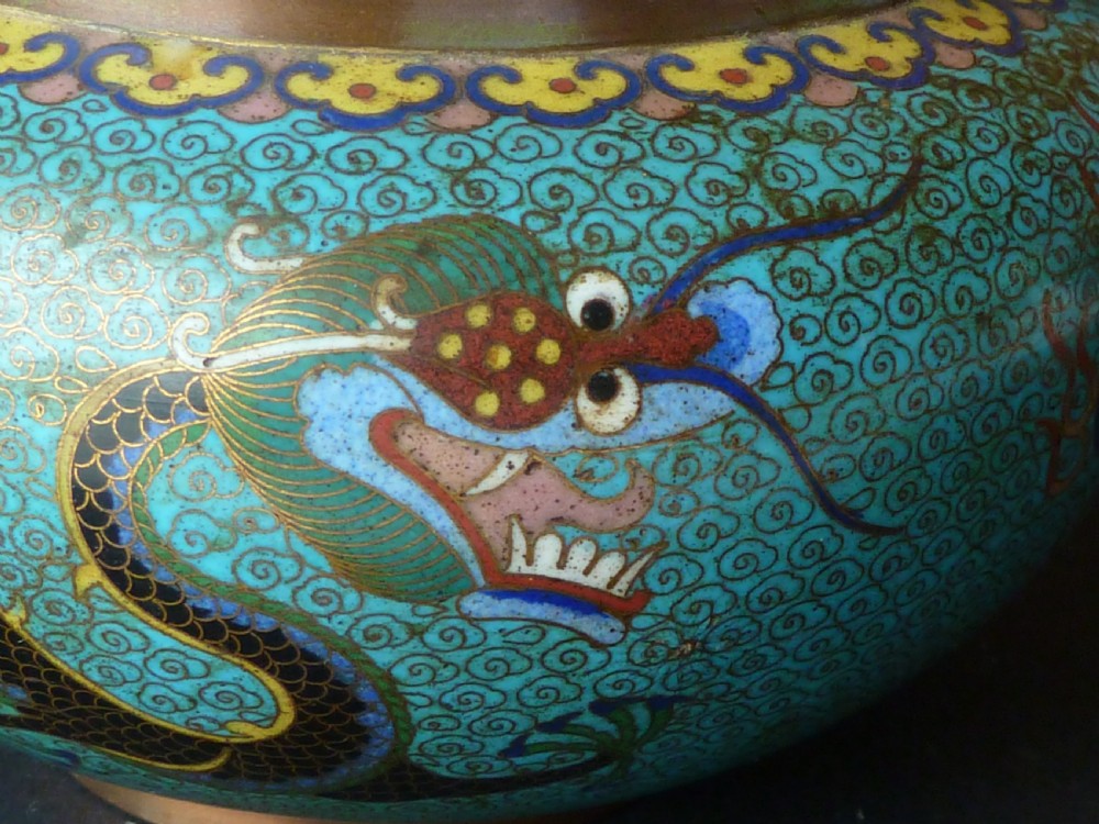 Chinese Cloisonne Enamel Imperial Dragon Bowl Flaming Pearl  View V