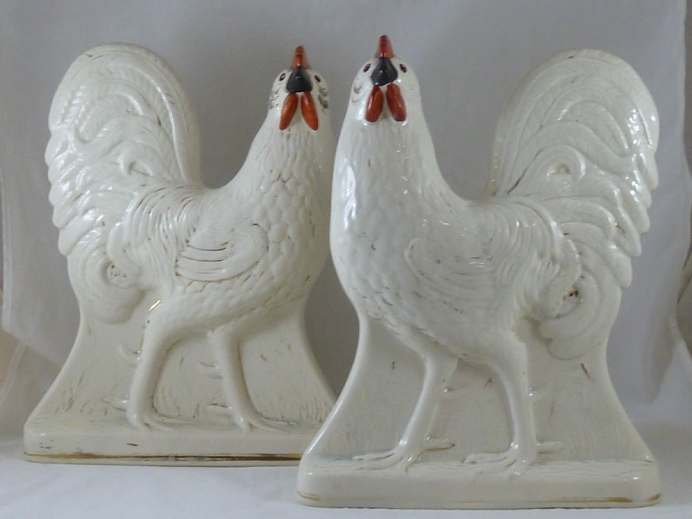 Pair Victorian Scottish Pottery Hens Chickens Cockerels Staffordshire Cocks