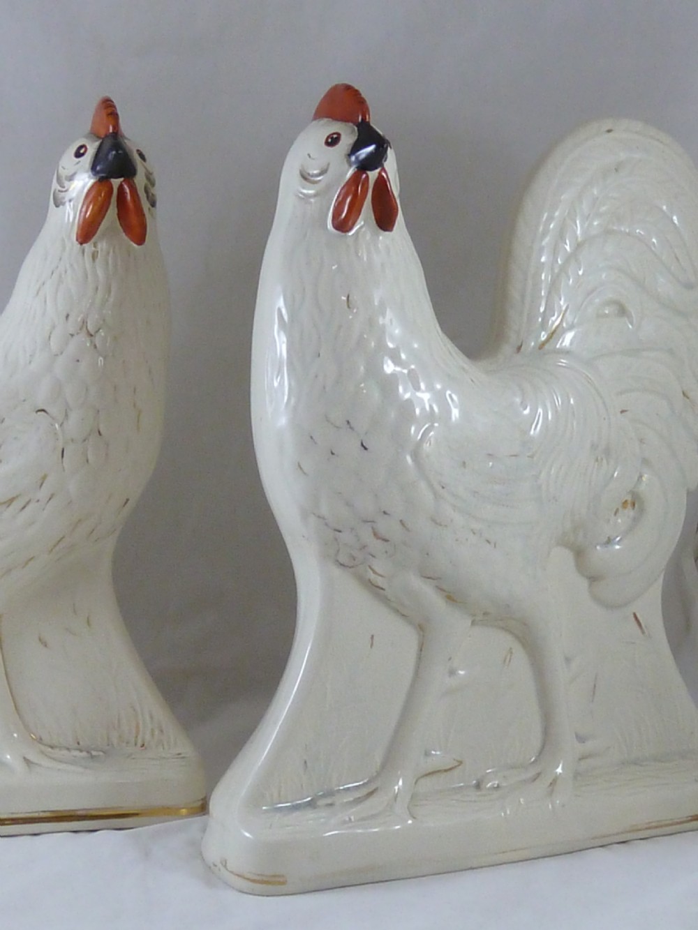 Pair Victorian Scottish Pottery Hens Chickens Cockerels Staffordshire Cocks View II