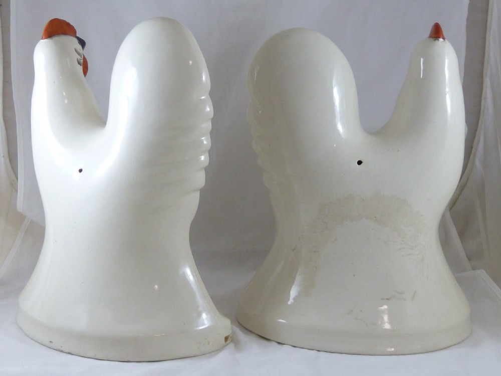 Pair Victorian Scottish Pottery Hens Chickens Cockerels Staffordshire Cocks View IV